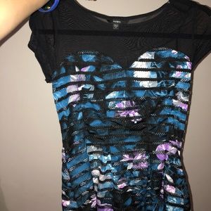GUESS Medium Peplum Black and Blue Floral Mesh Top
